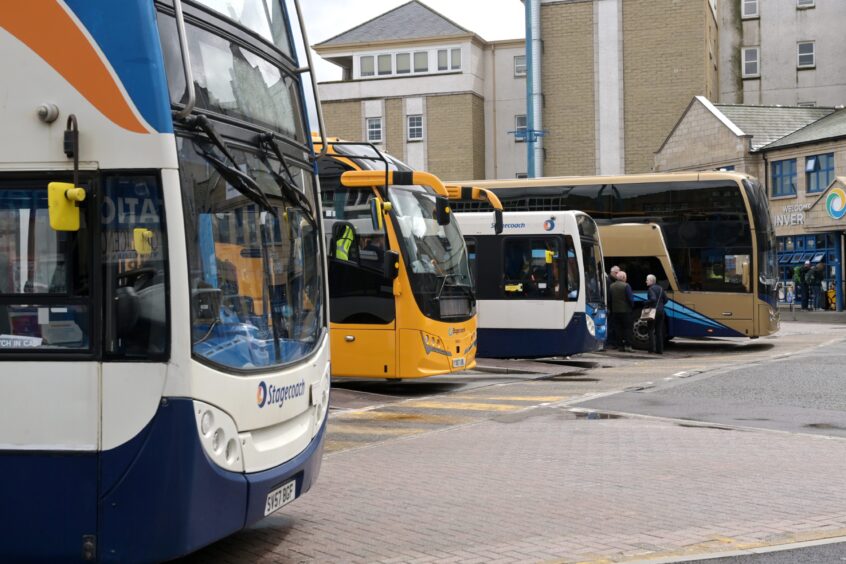 Stagecoach buses lined up outside Inverness bus station.