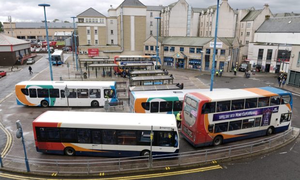 Stagecoach buses lined up at the stances outside Inverness bus station.