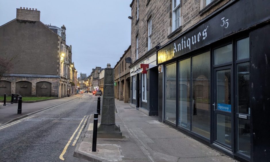 Looking down Elgin High Street from antiques shop. 