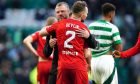 Aberdeen manager Jimmy Thelin (left) and Nicky Devlin after the final whistle in the William Hill Premiership match at Celtic Park, Glasgow. Image: PA.