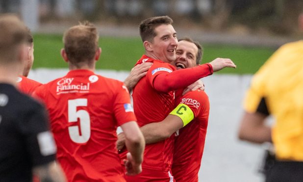 Jevan Anderson, centre, scored in Banks o' Dee's Scottish Cup win against East Fife.