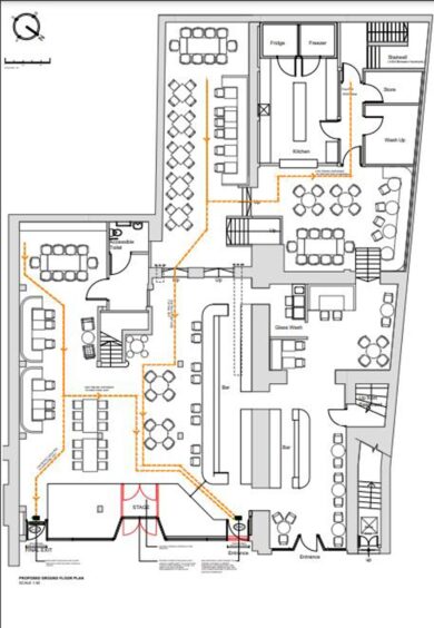 Blueprint of plans for a stage at the main entrance to the former Revolution bar in Inverness.