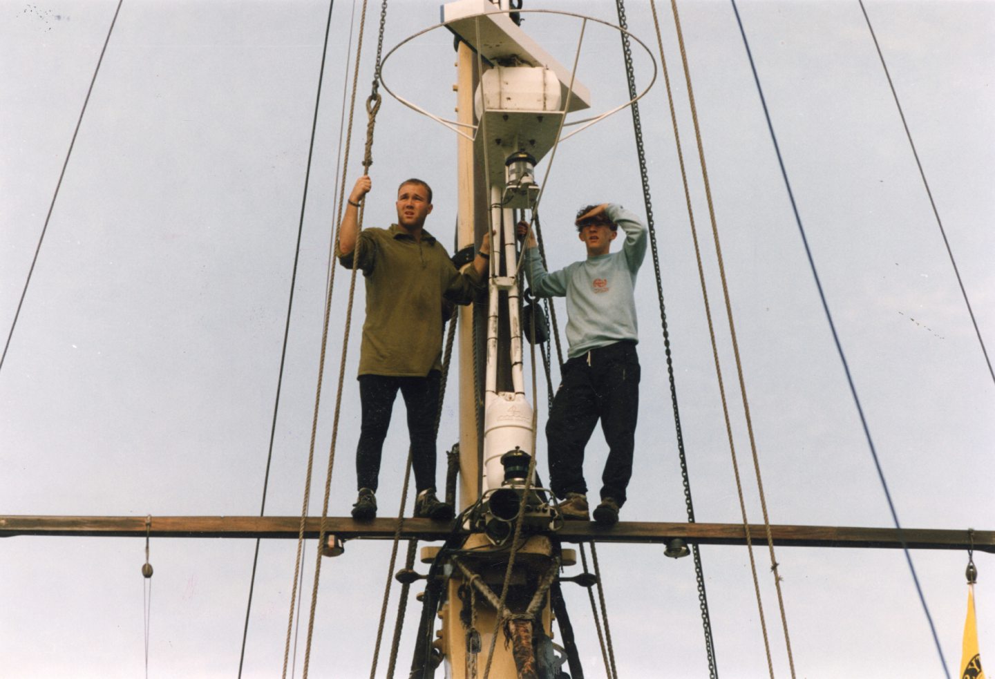 Two crew members of the Spirit of Merseyside get a bird's eye view as they man the watch at Corpach.