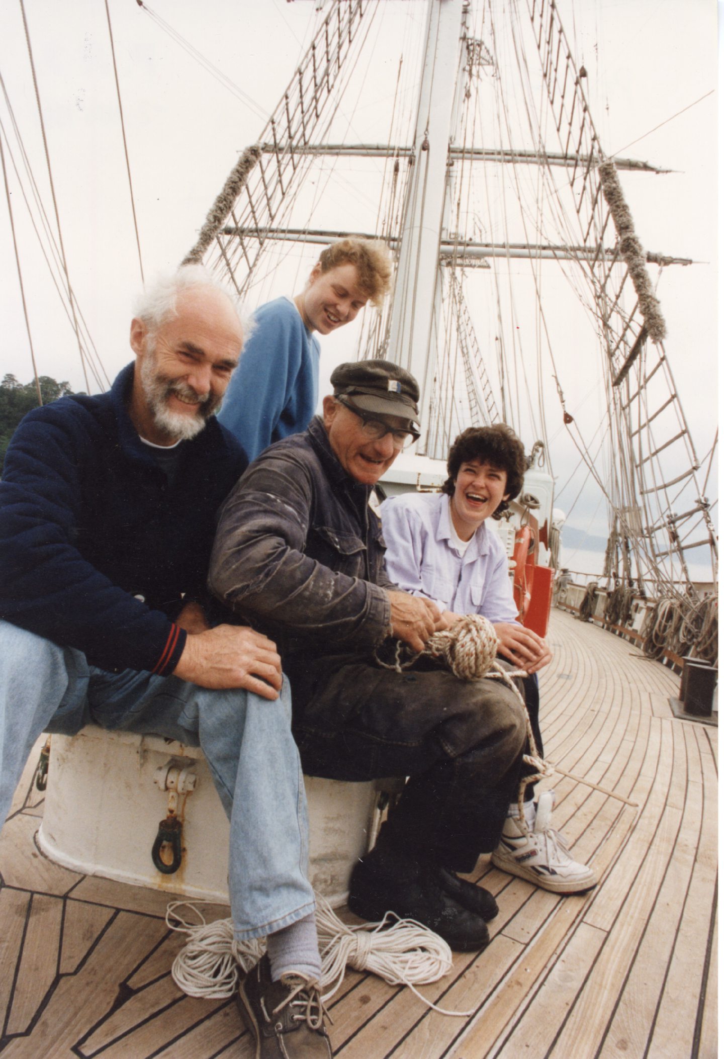 Sailing Training Ship Lord Nelson crew member Wilton Jones demonstrates tying knots to some of the trainees and crew.