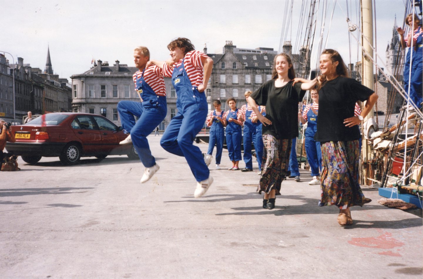 The crew of Polish schooner Zawisza Czarny dancing