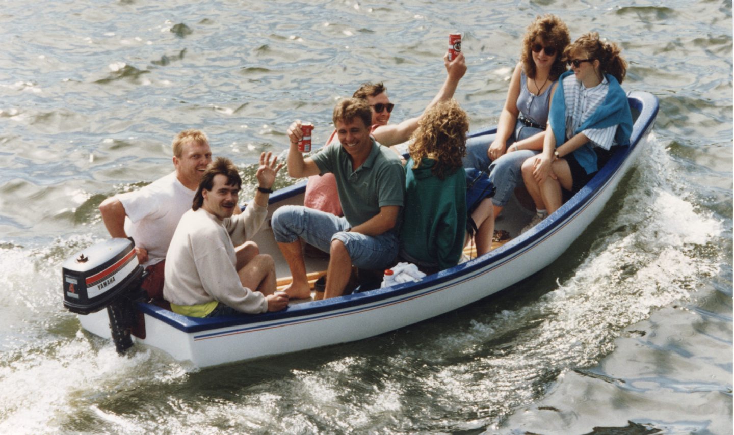 Passengers on this crowded small boat 