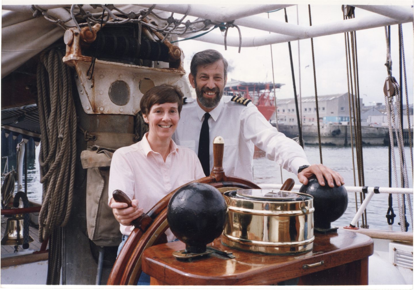 Helen Bentley at the helm of Malcolm Miller with the captain