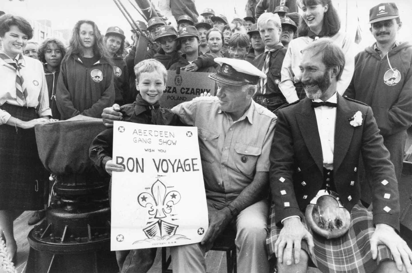 The Aberdeen Gang Show said goodbye to the Tall Ships by presenting the captain and crew of Polish ship Zawisza Czarny with badges and a Bon Voyage card.