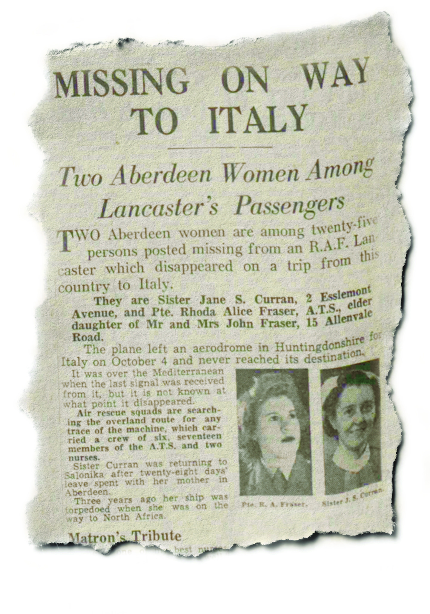 Press and Journal article from November 17 1945, more than a month after the plane carrying Jane and Rhoda crashed.