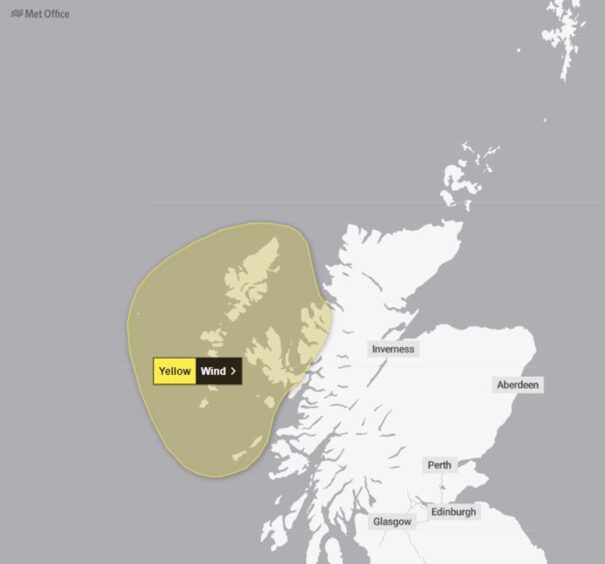 Map showing yellow weather warning for wind over the Western Isles and Skye.