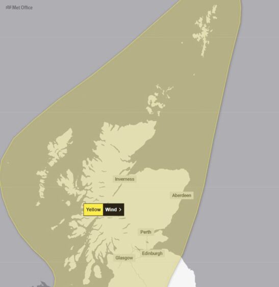 Map showing yellow wind warning covering the whole of Scotland.