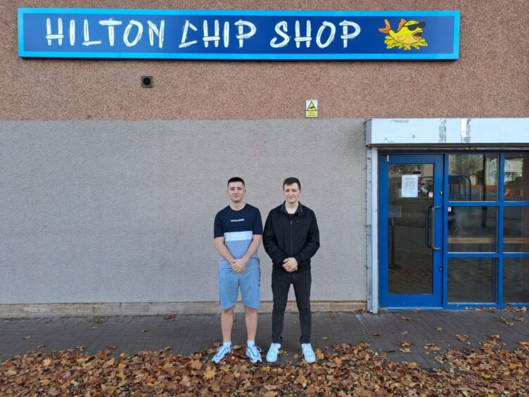 Grant and Jamie, owners of Hilton Chip Shop in Inverness outside their chippy.