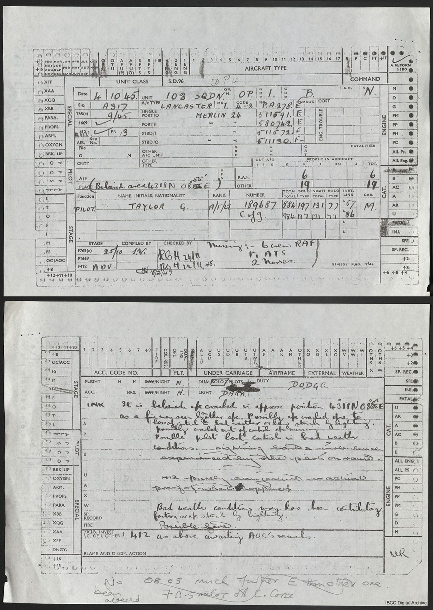 Supplied by International Bomber Command Centre, this crash log shows information that 17 ATS personnel and two nurses were on board.