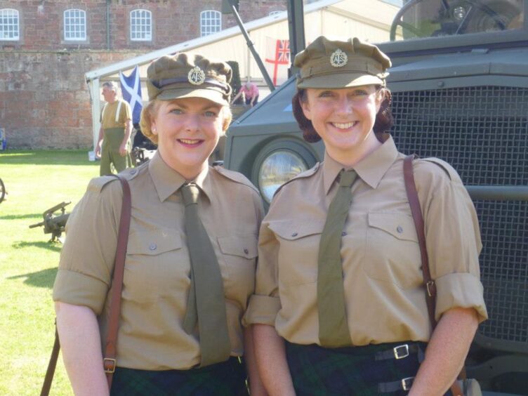 Wendy Spiers left, and Eileen Ross in ATS uniform similar to what Rhoda would have worn at the Scottish Home Front Living History Society reenactment at Fort George.