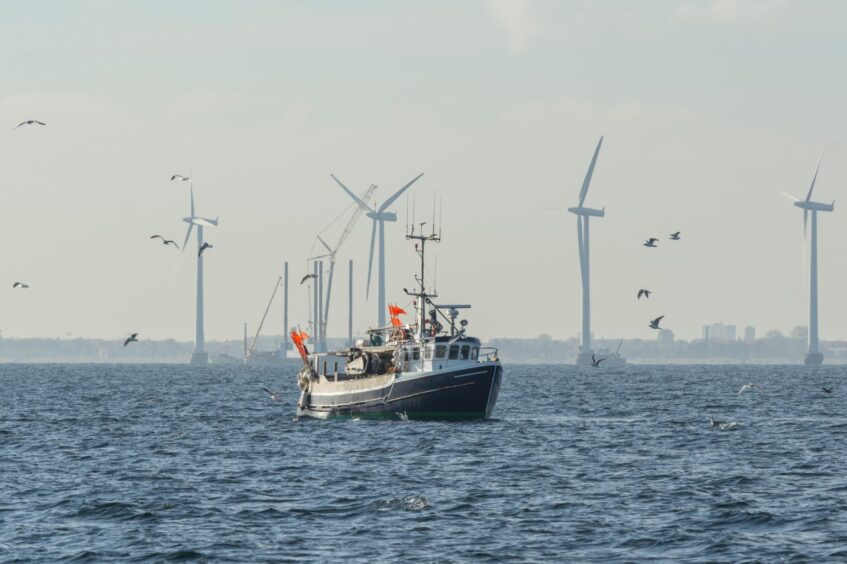 Fishing boat surrounded by seagulls, with wind turbines in background. 