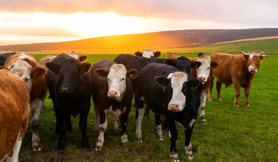 A herd of cows in Orkney at sunset. 