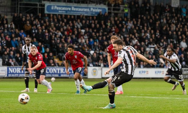 St Mirren's Greg Kiltie's penalty was saved by Ross Laidlaw. Image: Paul Byars/SNS Group