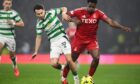 Celtic's Nicolas Kuhn (L) and Duk of Aberdeen in action in the Premier Sports Cup semi-final at Hampden. Image: SNS