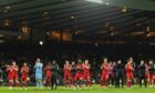 Aberdeen players applaud the fans at full-time after the Premier Sports Cup semi-final match between Celtic and Aberdeen at Hampden Park, on November 2, 2024, in Glasgow, Scotland. Image: SNS.