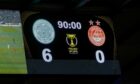 The full time scoreboard after the Premier Sports Cup semi-final match between Celtic and Aberdeen at Hampden. Image: SNS.