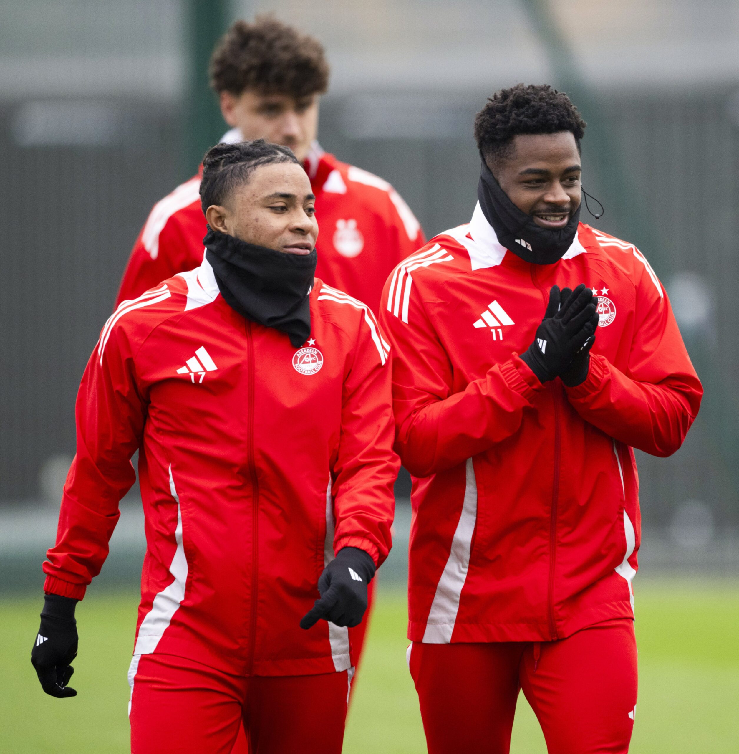 Aberdeen's Vicente Besuijen (L) and Duk during a training session at Cormack Park. Image: SNS 