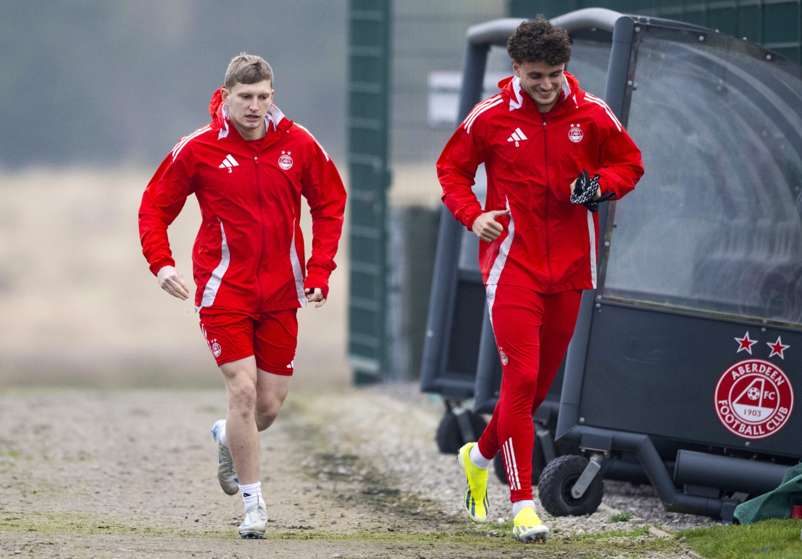 Jack Mackenzie (L) and Dante Polvara during an Aberdeen training session at Cormack Park on November 8. Image: SNS 