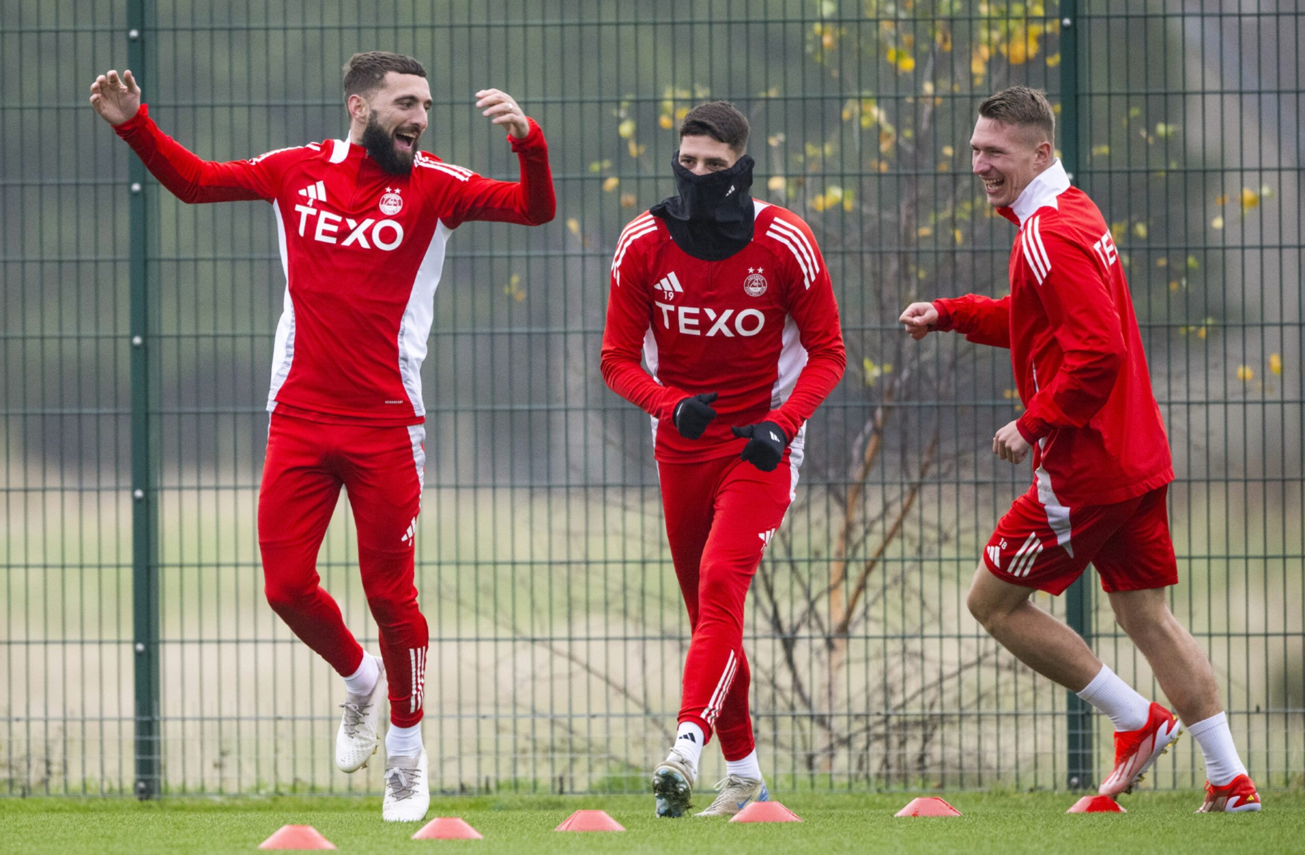 Graeme Shinnie, Ester Sokler and Ante Palaversa during an Aberdeen training session at Cormack ParK. Image: SNS 