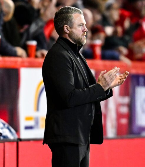 Aberdeen manager Jimmy Thelin during the Premiership match against Dundee at a sold-out Pittodrie. Image: SNS