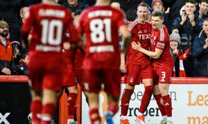 Aberdeen's Ante Palaversa (centre) celebrates scoring to make it 1-0 during the William Hill Premiership match against Dundee. Image: SNS.