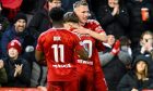 Aberdeen's Ante Palaversa celebrates scoring to make it 1-0 against Dundee. Image: SNS