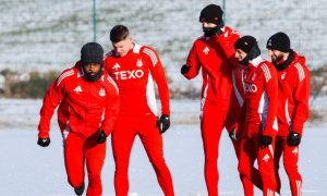 Attacker Duk (L) during an Aberdeen training session at Cormack Park, on November 22, 2024, Image: SNS