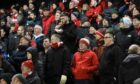 Aberdeen fans during the 2--1 Premiership loss to St Mirren in Paisley. Image; SNS