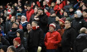 Aberdeen fans during the 2--1 Premiership loss to St Mirren in Paisley. Image; SNS