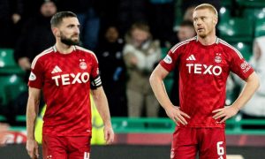 Aberdeen's Sivert Hiltne Nilsen (R) and Graeme Shinnie during the 3-3 draw at Hibs.