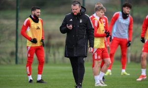 Aberdeen manager Jimmy Thelin during a training session at Cormack Park. Image: SNS.