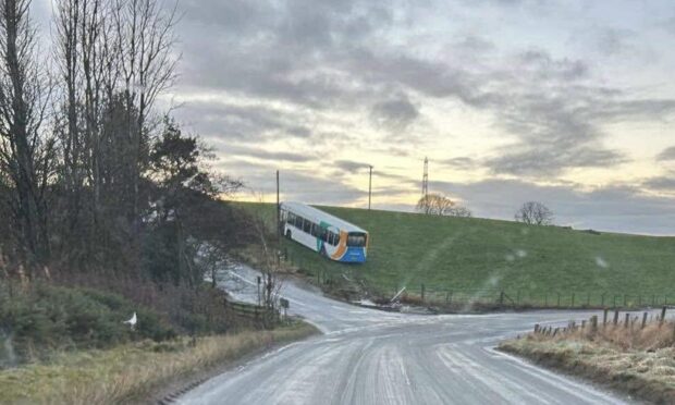 The Stagecoach bus skidded off the road near New Deer.