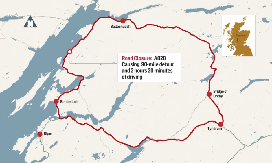 Map with a red line showing the 90-mile diversion which was in place overnight.