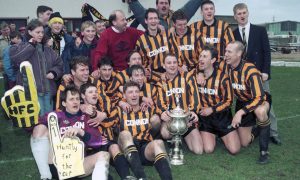 Huntly celebrate after their Jarlaw Aberdeenshire Cup final triumph against Cove Rangers in 1995. Image: Aberdeen Journals.