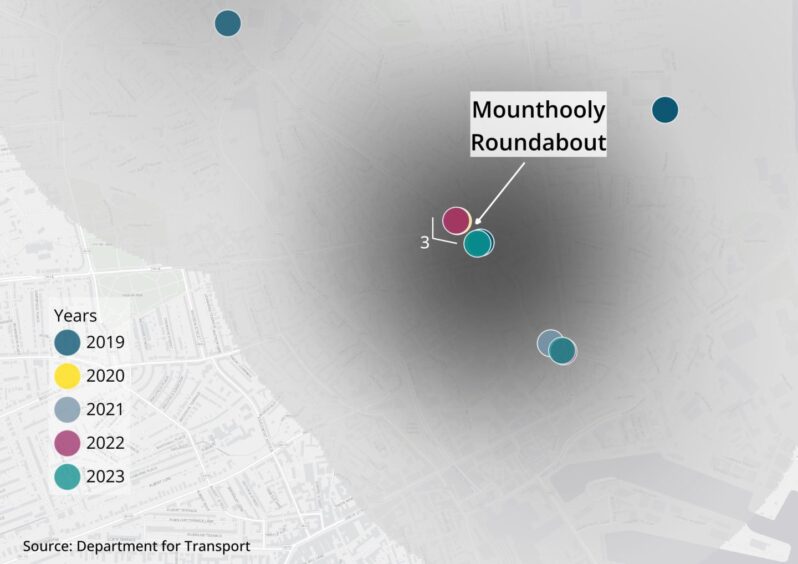 A close-up of A96 crash blackspot near Mounthooly Roundabout with crashes indicated with smaller coloured points.