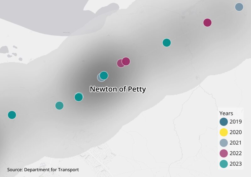 Six crashes occurred between Old Military Rd and Barn Church Road. Map shows the accident cluster near Newton of Petty.