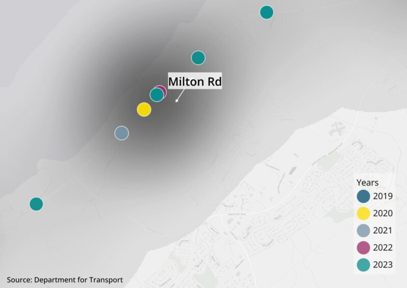 Centred in the blackspot are two crashes that took place by the junction with Milton Road in 2022 and 2023 just outside the official boundaries of Inverness.