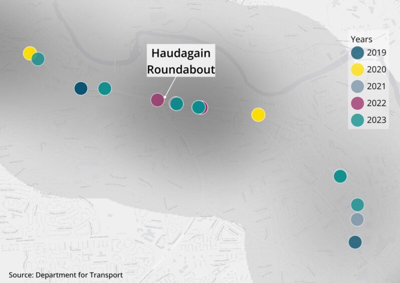 A close-up of A96 crash blackspot near the Haudagain roundabout with crashes indicated with smaller coloured points.