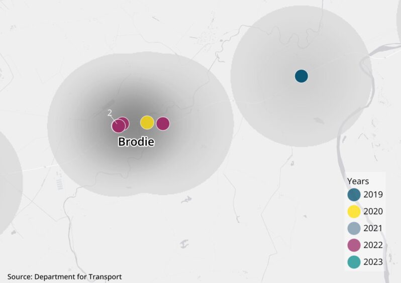 A close-up of a collision cluster near Brodie with five crashes indicated with smaller coloured points.