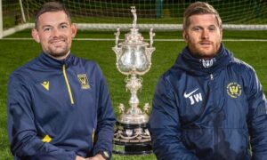 Huntly boss Colin Charlesworth, left, and Banks o' Dee co-manager Josh Winton are hoping to get their hands on the Evening Express Aberdeenshire Cup. Pictures by Kami Thomson/DCT Media.