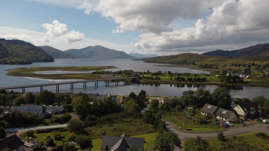 aerial view of Dornie in the Scottish Highlands