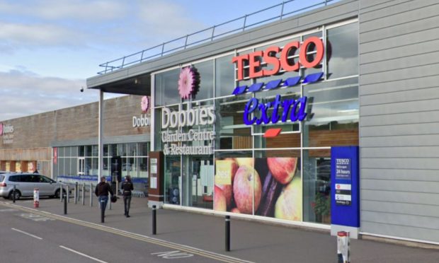 Facade of Dobbies and Tesco Extra in Inverness.