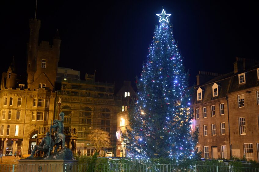 Christmas tree with blue lights in Union Square, Aberdeen