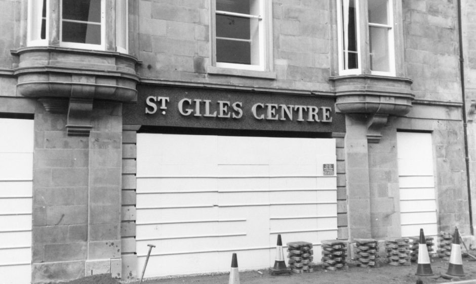 St Giles Centre entrance boarded up. 