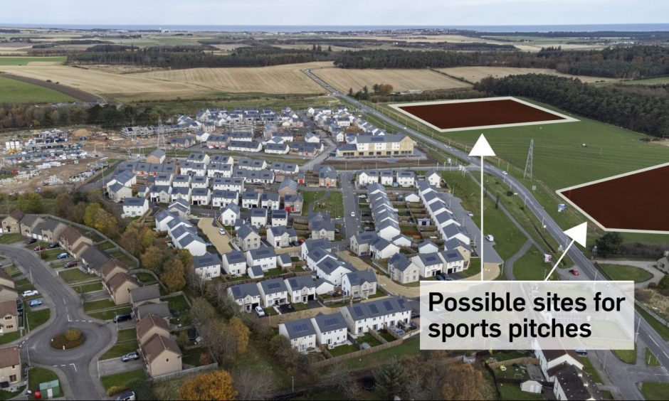 Drone photo of Findrassie housing in Elgin with sites identified for sports pitches. 