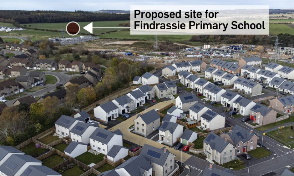 Drone image of Findrassie housing with location of school pinpointed.